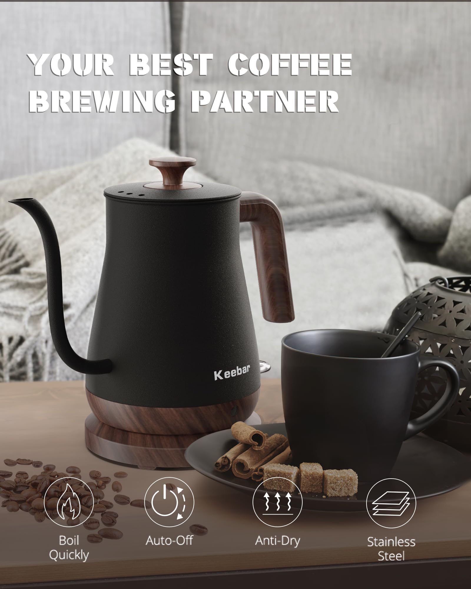 Keebar Gooseneck Kettle auto shut-off enhances safety after boiling.
