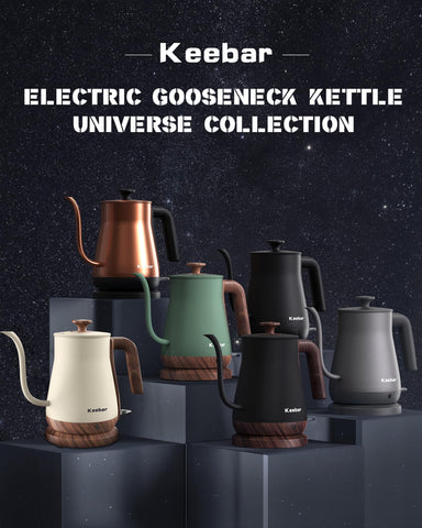 Keebar Gooseneck Kettle wood-grain handle for comfortable grip.