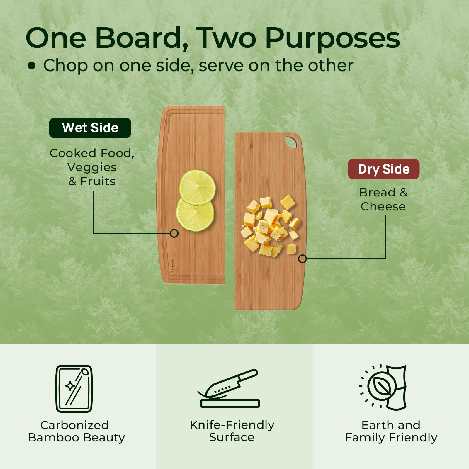 Keechee bamboo board provides separate surfaces for produce and proteins.