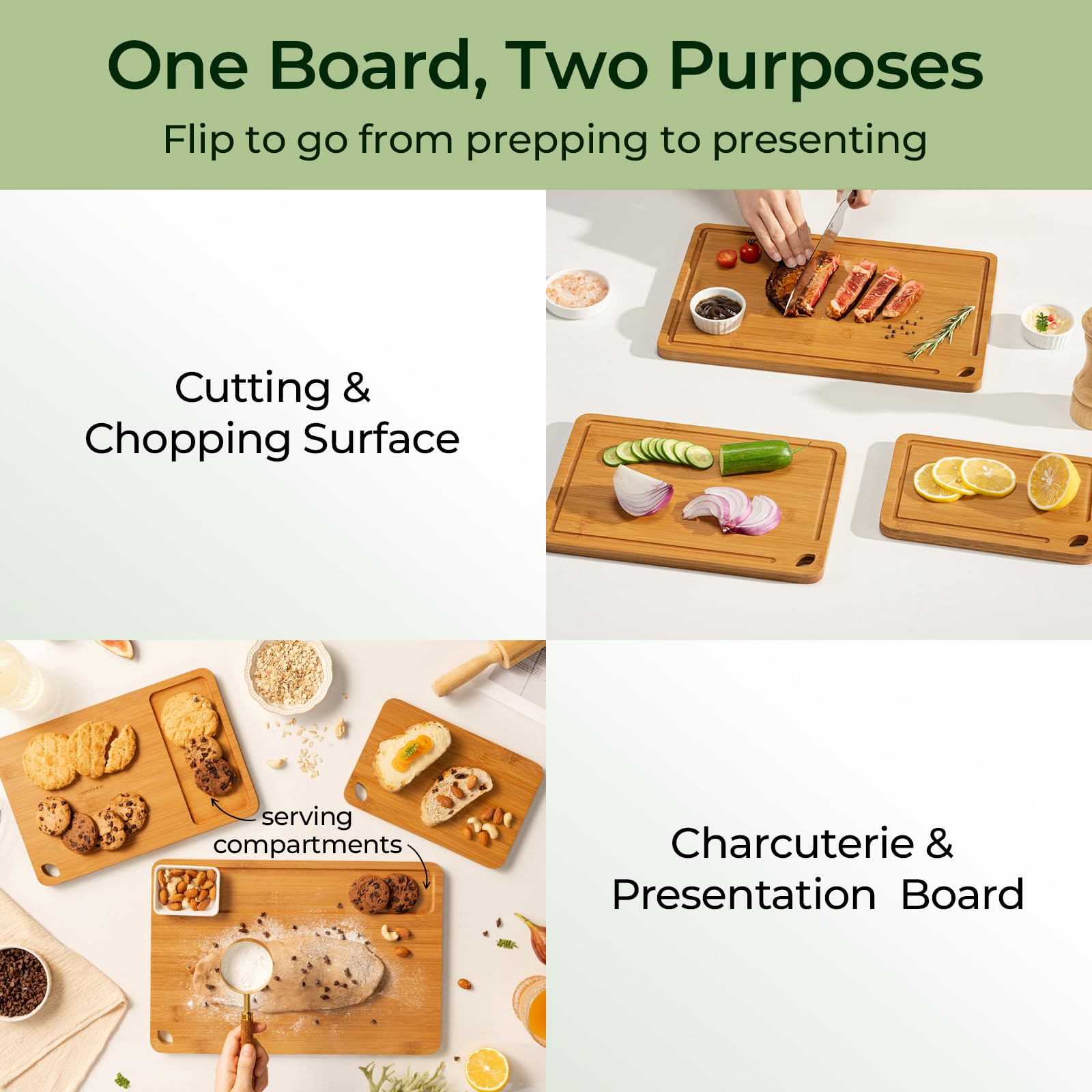 Keechee bamboo cutting board 9x6 inches with built-in handles for easy transport.