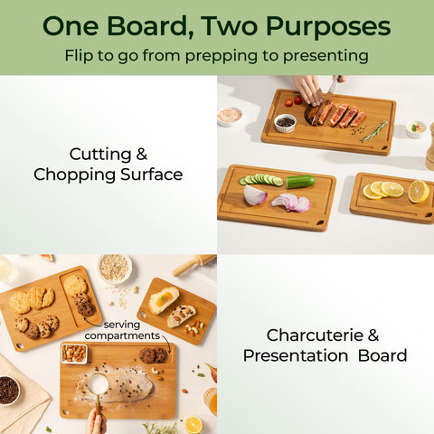 Keechee bamboo cutting board 9x6 inches with built-in handles for easy transport.
