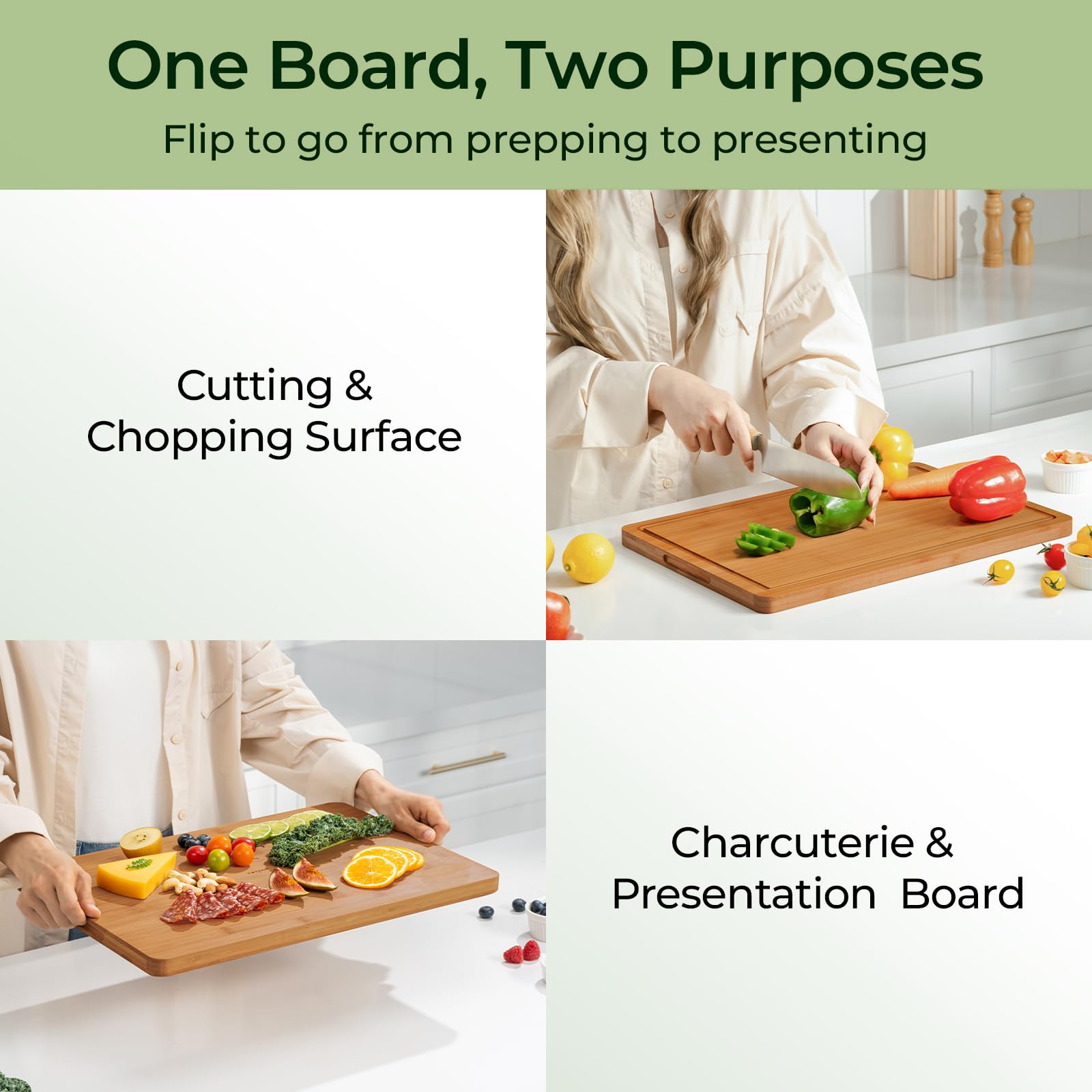 Keechee cutting board with cross-laminated bamboo for long-lasting durability.