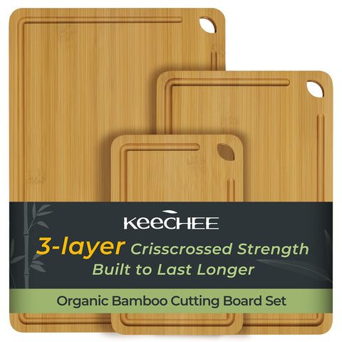 Keechee bamboo cutting board set with three sizes for versatile meal prep.