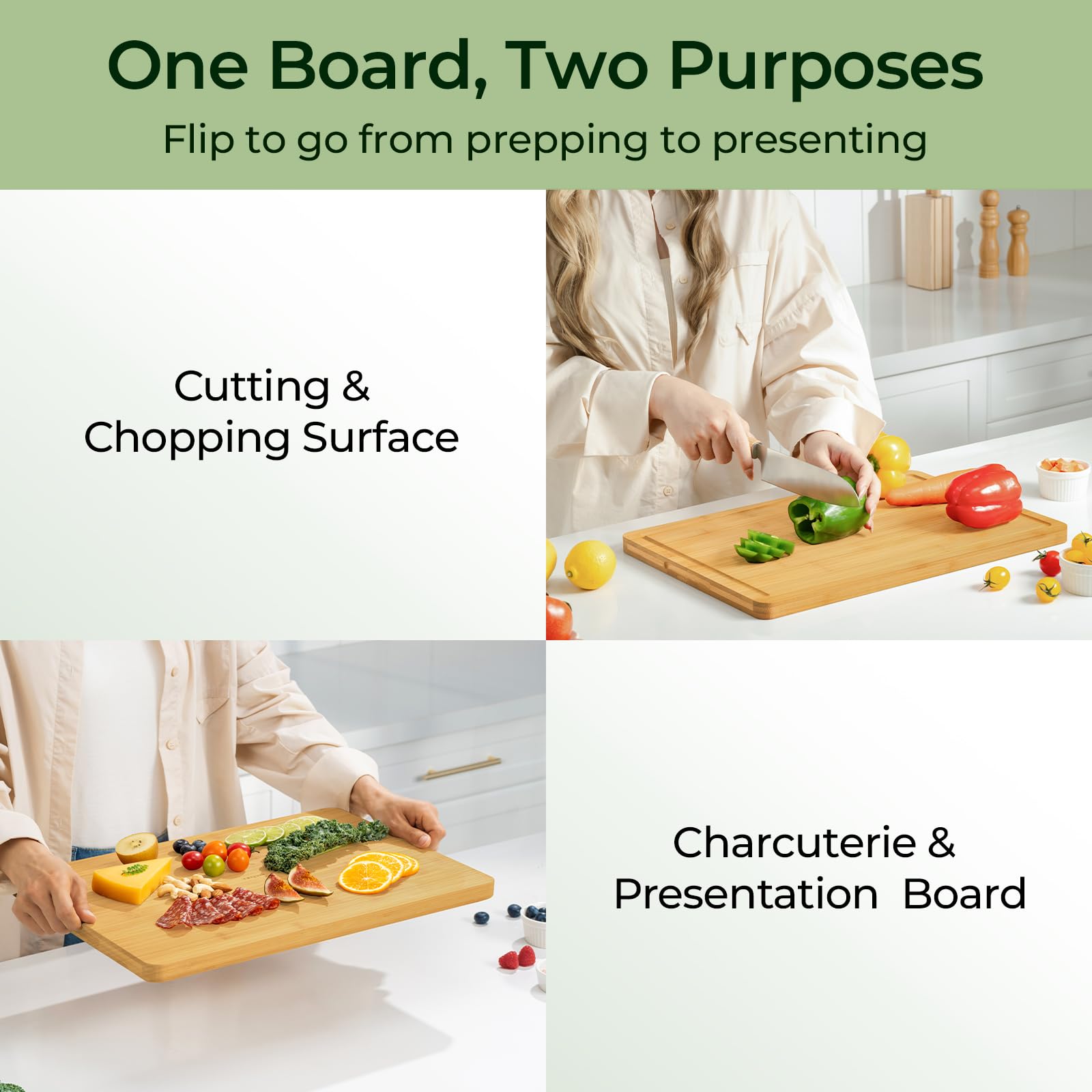 Keechee XL bamboo board with deep juice groove to keep counters clean.