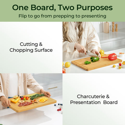 Keechee XL bamboo board with deep juice groove to keep counters clean.