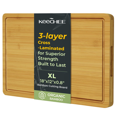 Keechee bamboo cutting board XL with knife-friendly surface for precise chopping.