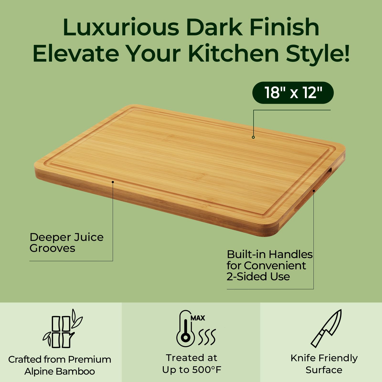 Keechee bamboo board shows large cutting area suitable for meats and vegetables.