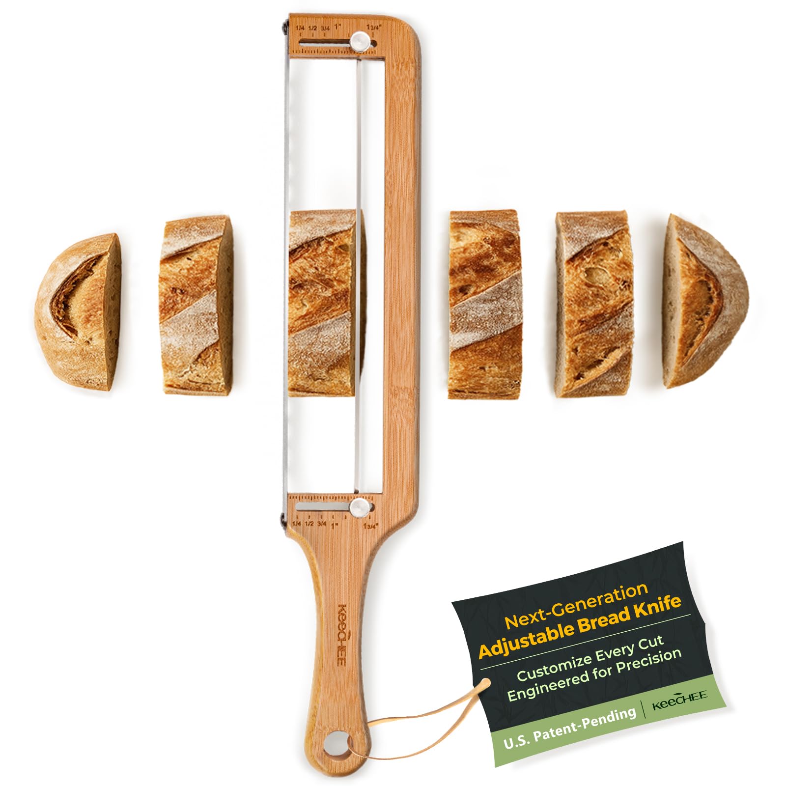 Keechee Bread Pilot front view of the upgraded bread knife for precise slices.