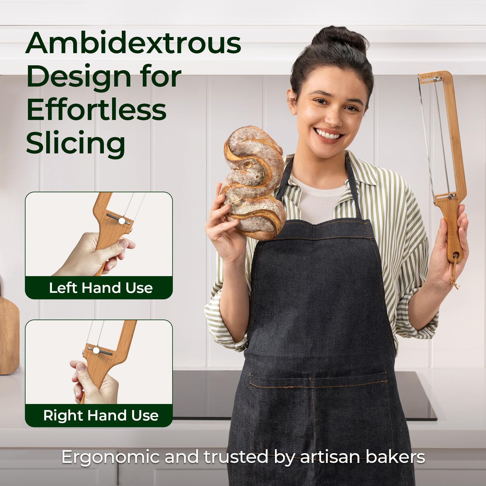 Keechee Bread Pilot hand using the slicer for even, effortless bread cuts.