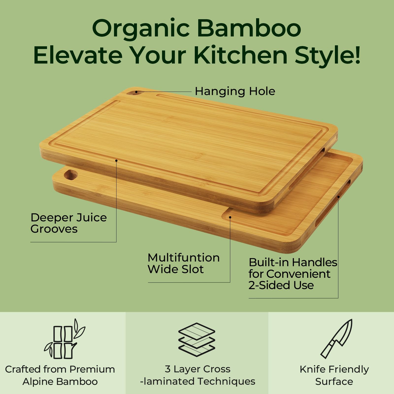 Keechee cutting board with built-in handles for easy transport.