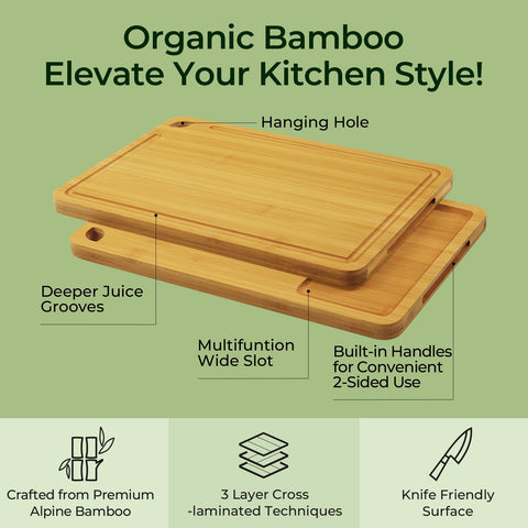 Keechee cutting board with built-in handles for easy transport.