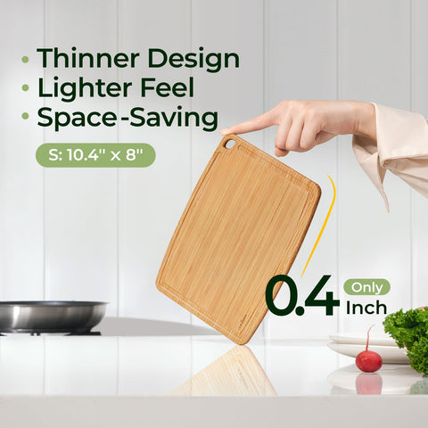 Keechee carbonized bamboo board is lightweight for compact kitchen use.