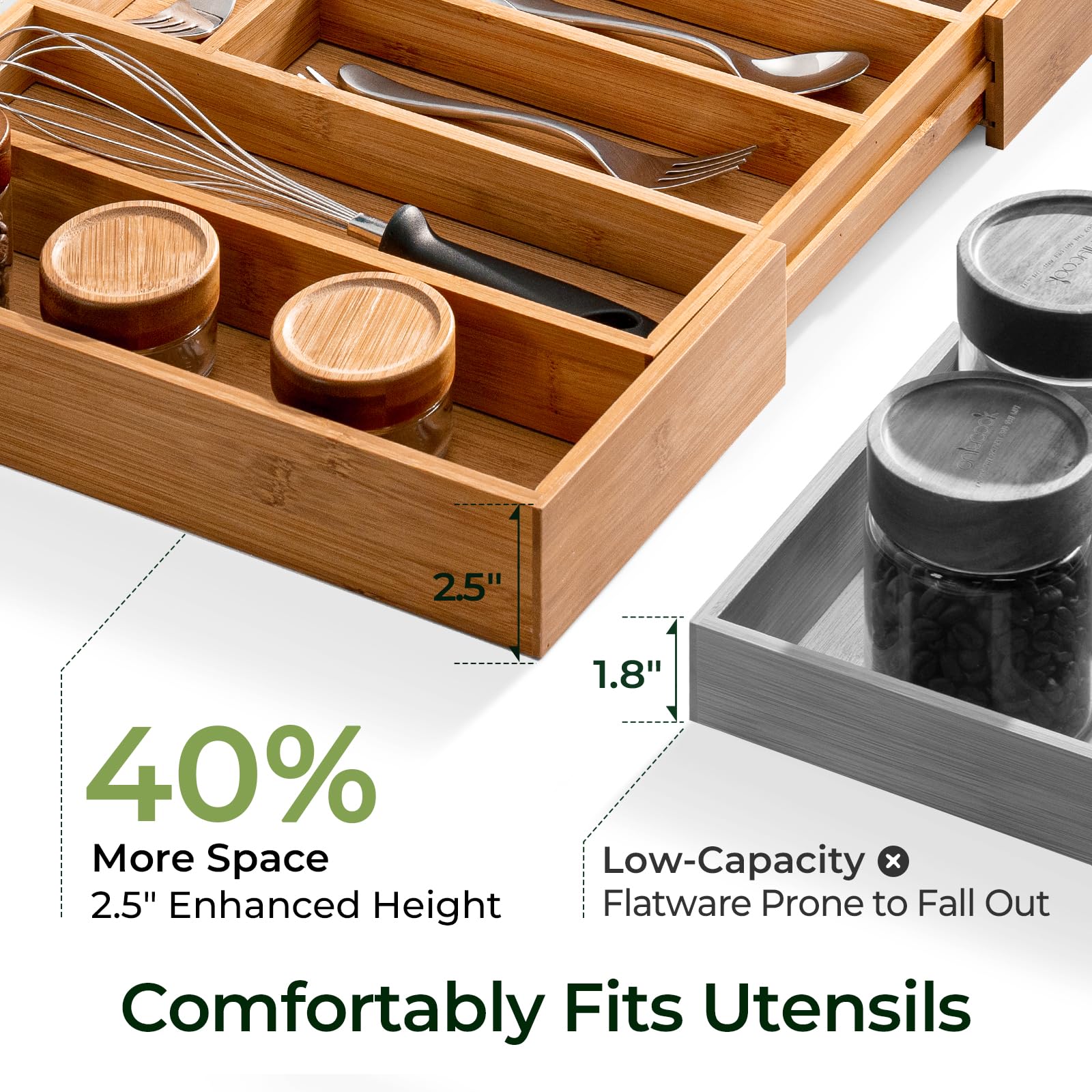 Keechee bamboo organizer deep 2.5 inch compartments for bulky items.