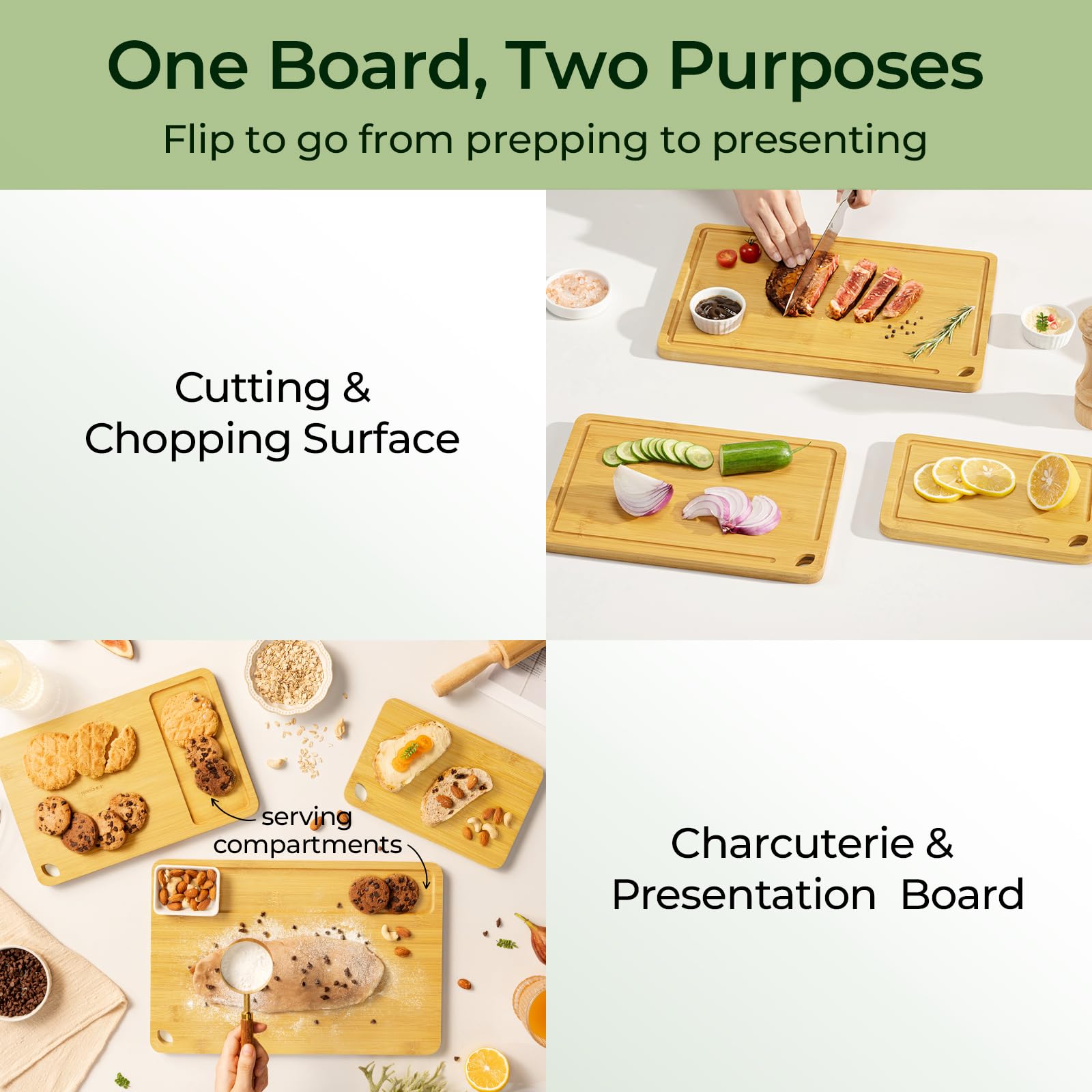 Keechee cutting board with juice groove catches liquids and keeps counters clean.