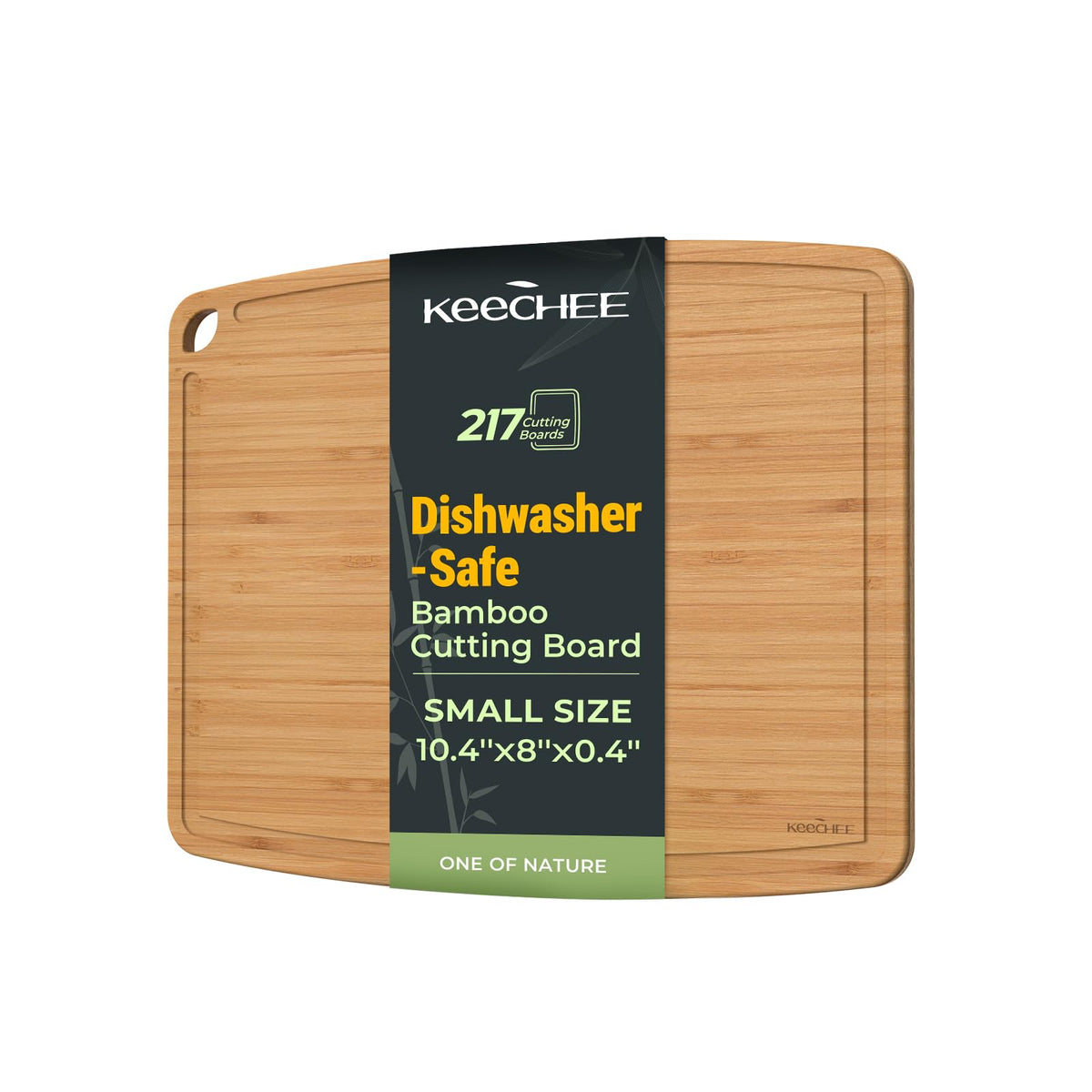 Keechee dishwasher-safe bamboo cutting board with juice groove for easy prep and cleanup.