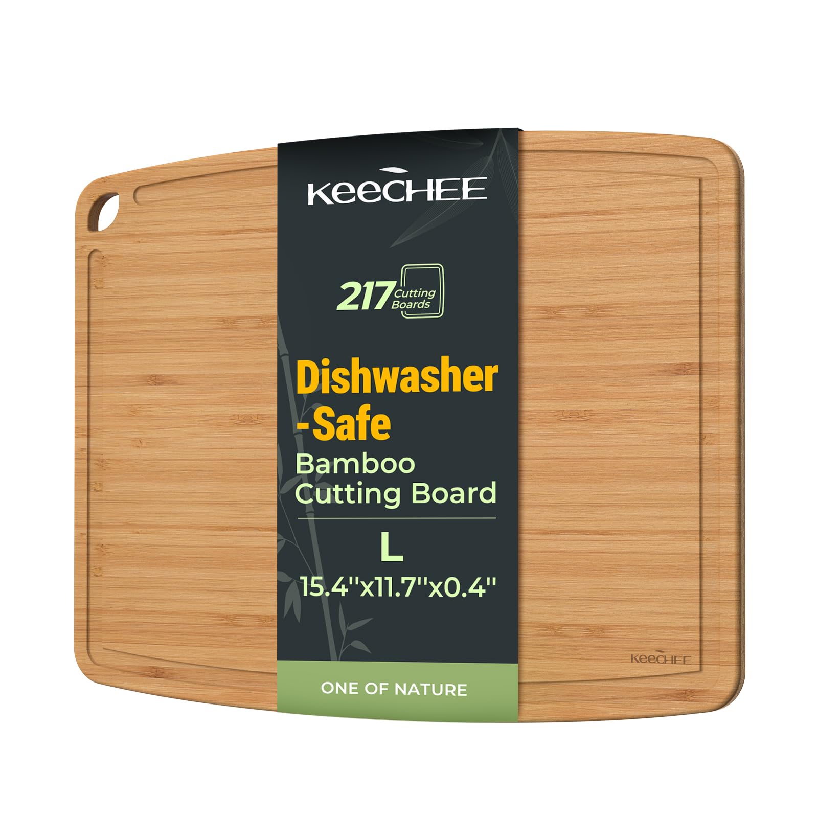 Keechee dishwasher-safe bamboo cutting board top view, sturdy for daily prep