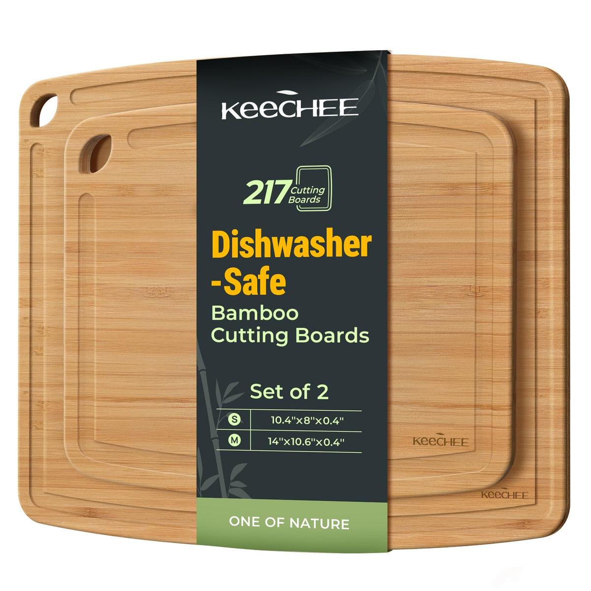 Keechee dishwasher-safe bamboo cutting boards, front view, compact storage and dual-sided design.