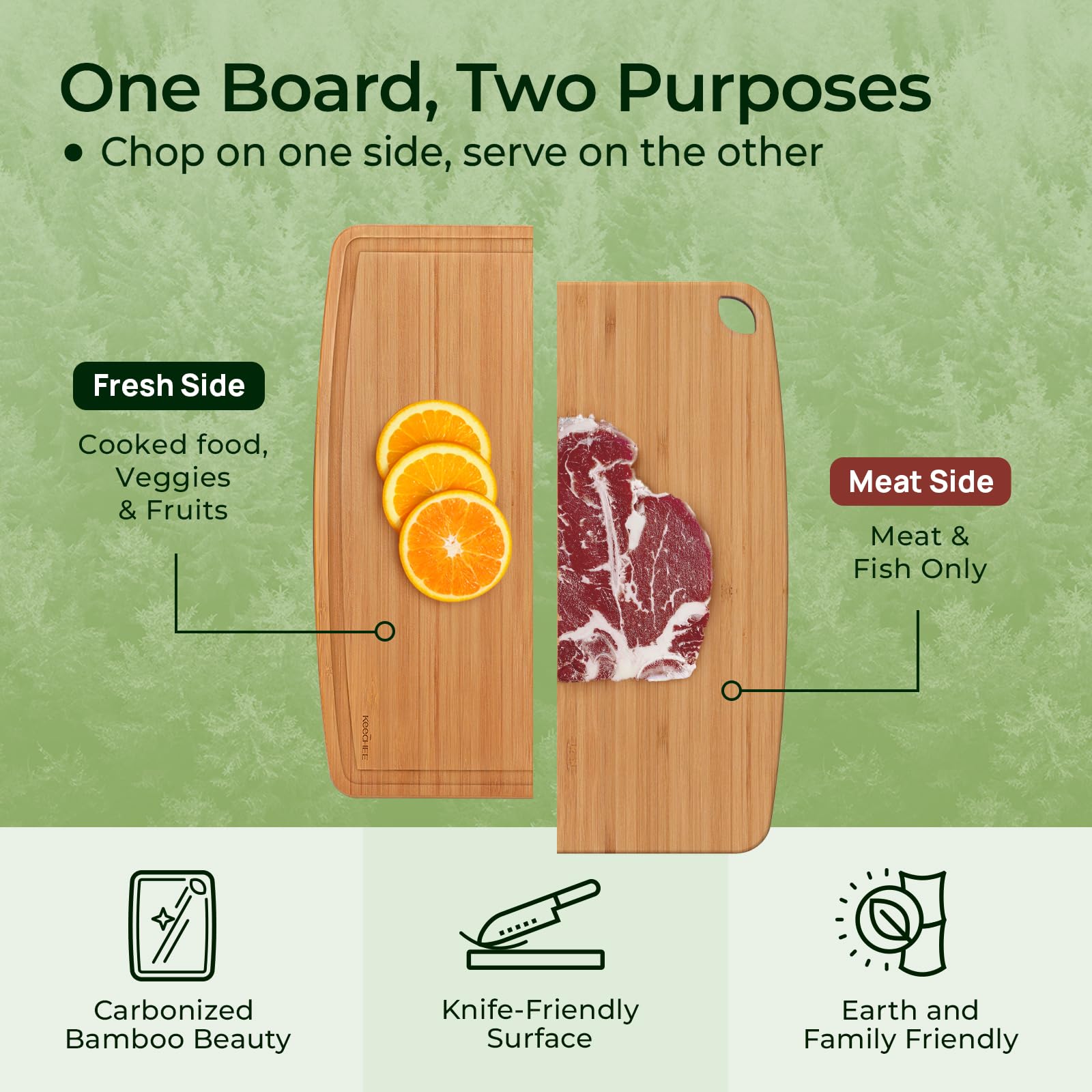 Keechee dual-sided board shown with prep and serving surfaces.
