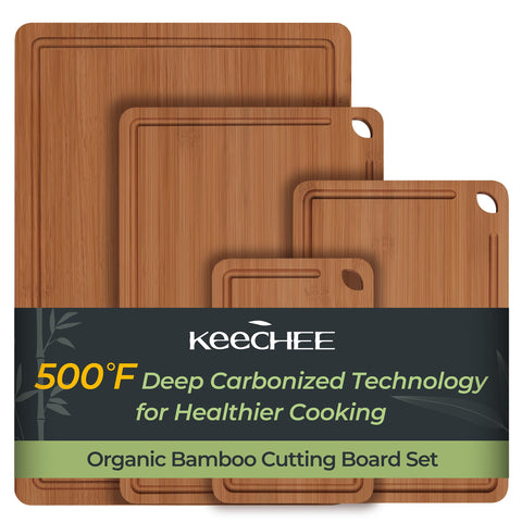 Keechee four-piece wood cutting board set in varying sizes for versatile prep tasks.