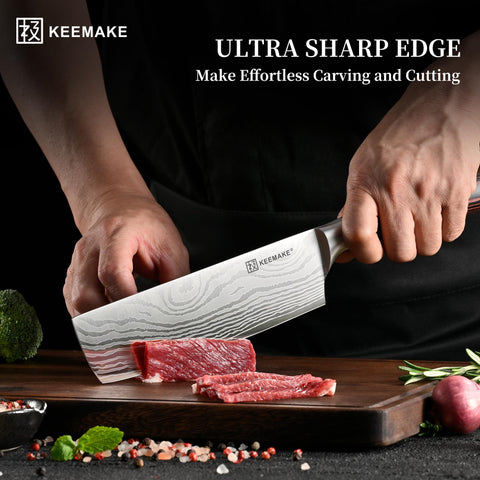 KEEMAKE 7-inch nakiri blade close-up optimized for clean vegetable slicing.