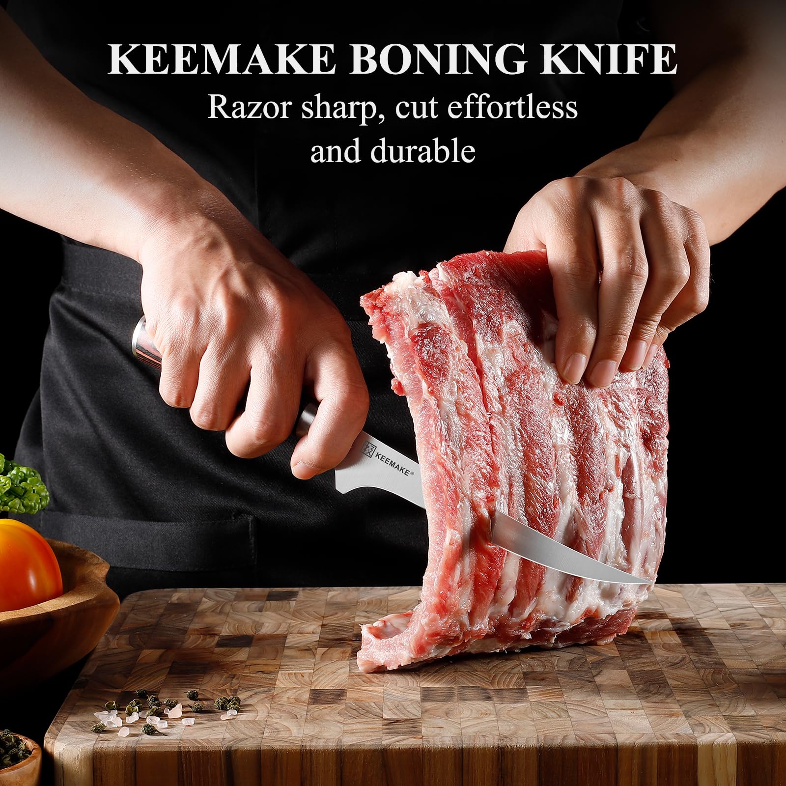 KEEMAKE Boning Knife 6 Inch ergonomic pakkawood handle for comfortable prep.