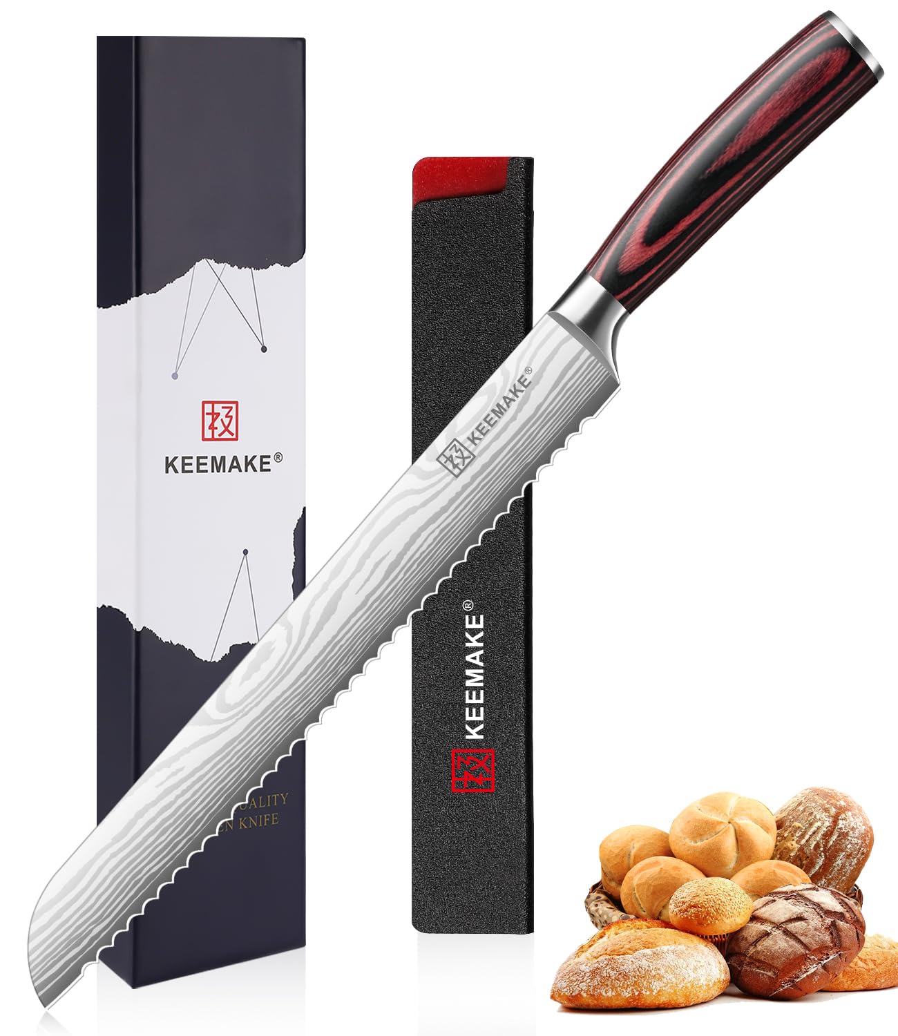 KEEMAKE 10 inch bread knife with serrated blade cutting crusty bread evenly