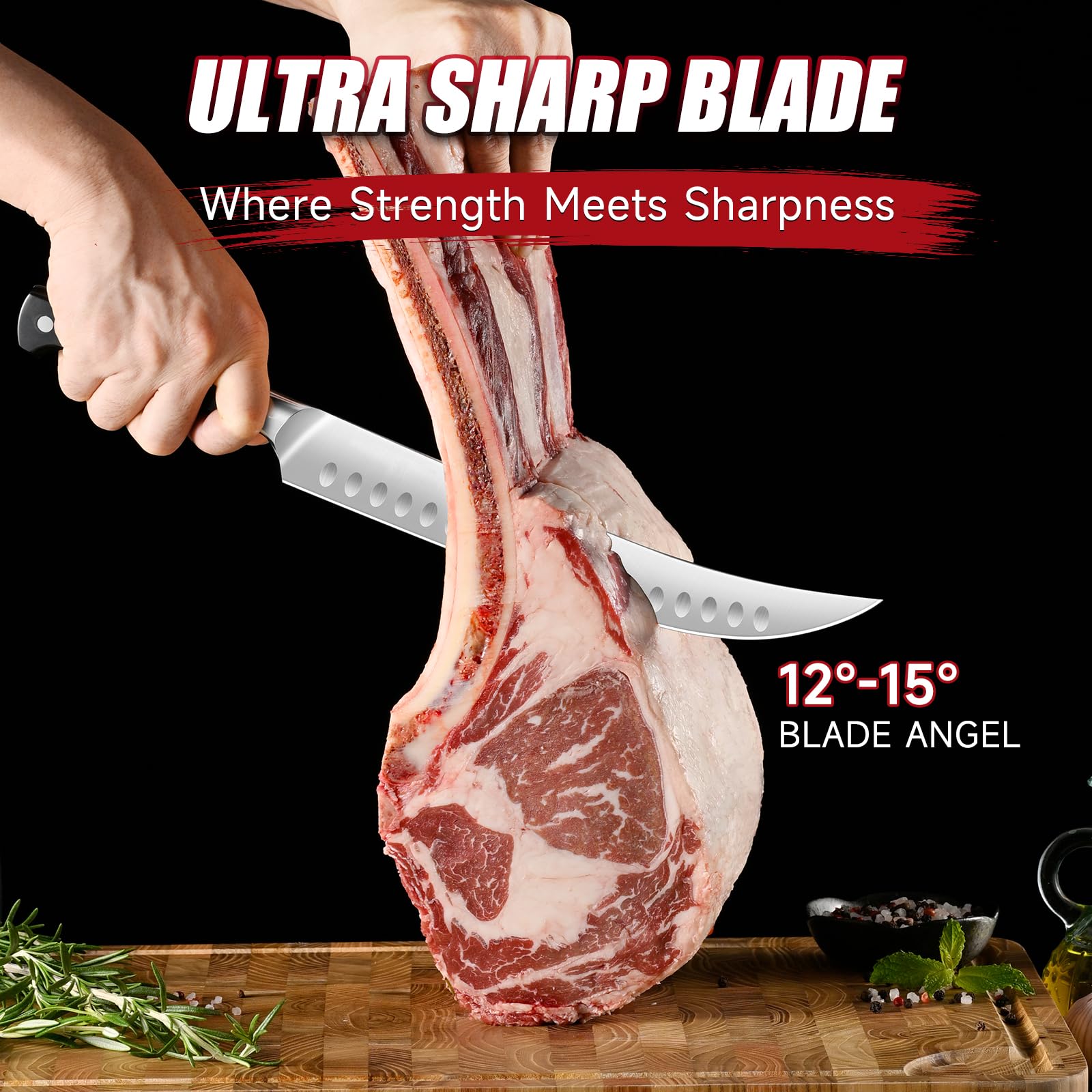 KEEMAKE butchers knife close-up of edge for effortless meat breakdown.