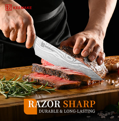KEEMAKE 8 Inch Chef Knife ergonomic handle highlights comfortable grip for extended prep.