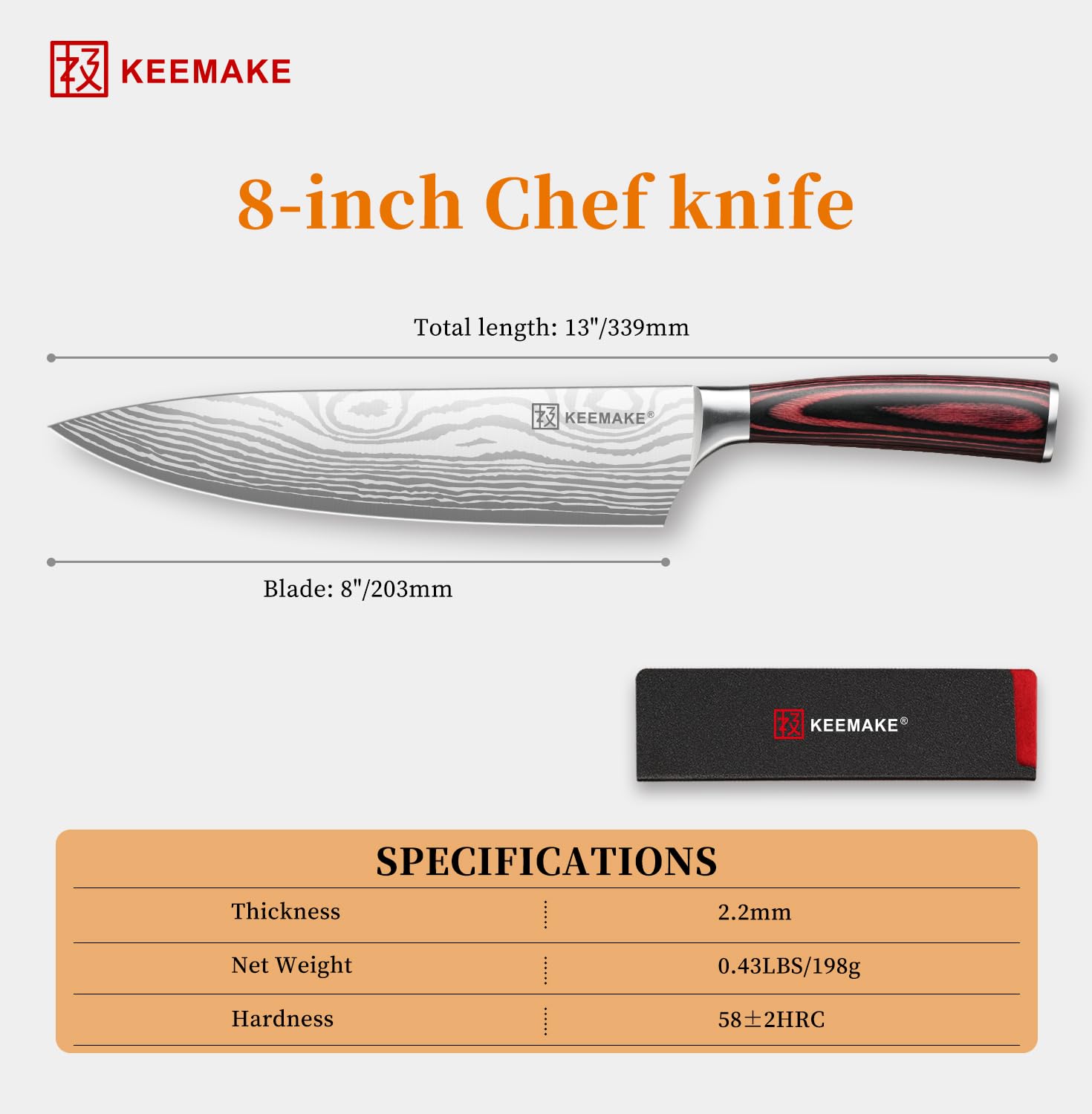 KEEMAKE 8 Inch Chef Knife premium steel blade resists rust while staying sharp through daily tasks.