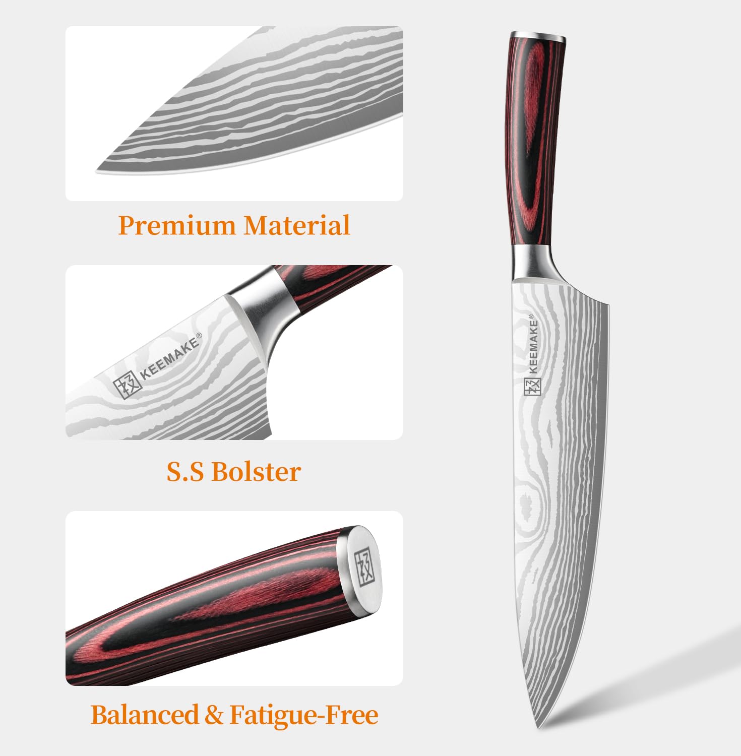 KEEMAKE 8 Inch Chef Knife versatile cutting demonstrates chopping vegetables and meat with ease.
