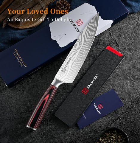 KEEMAKE 8 Inch Chef Knife with sheath offers safe storage and convenient gifting.