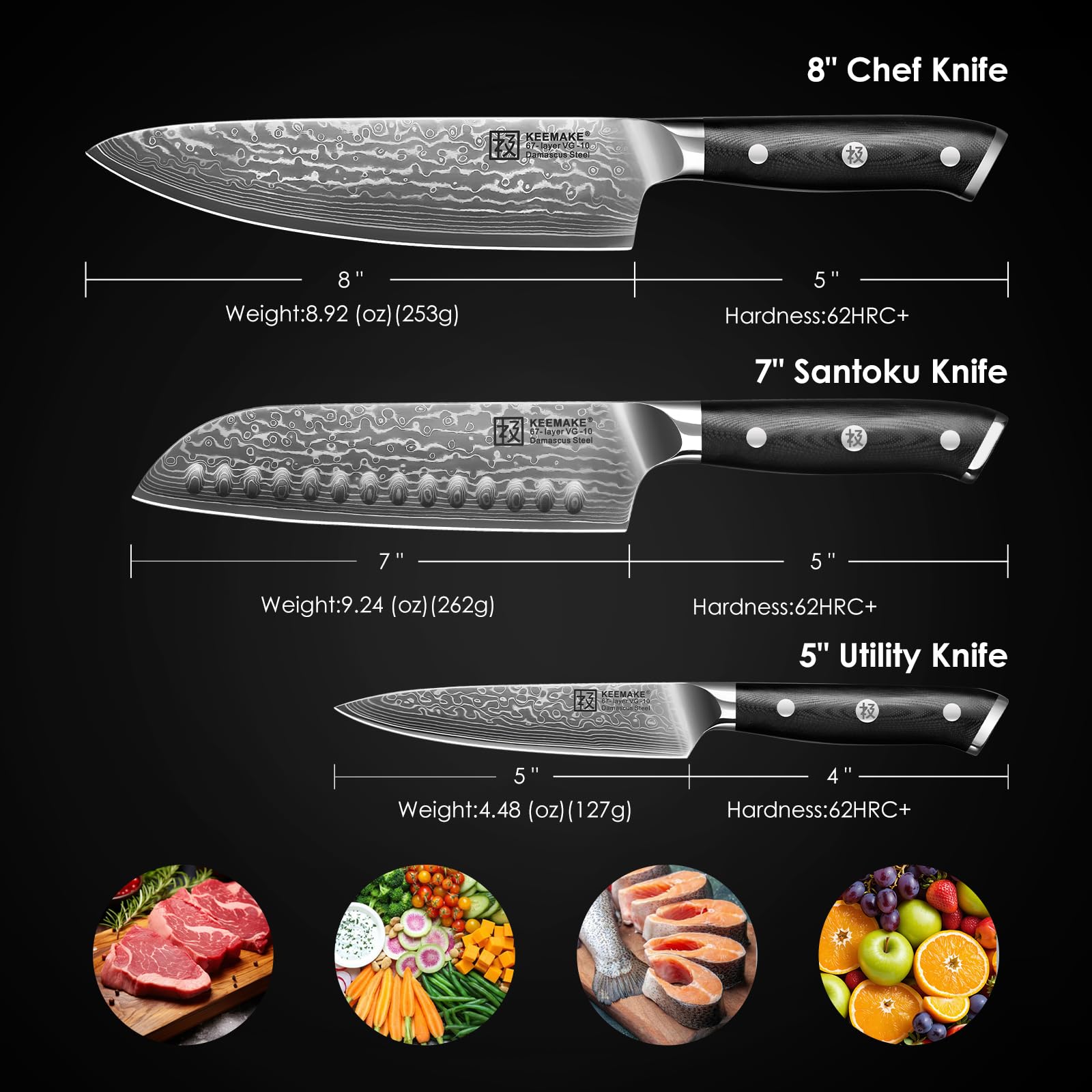 KEEMAKE 7-inch Santoku blade closeup, versatile for meats and vegetables.