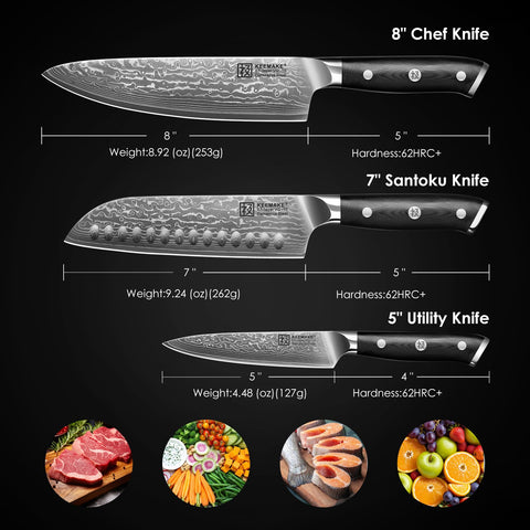 KEEMAKE 7-inch Santoku blade closeup, versatile for meats and vegetables.