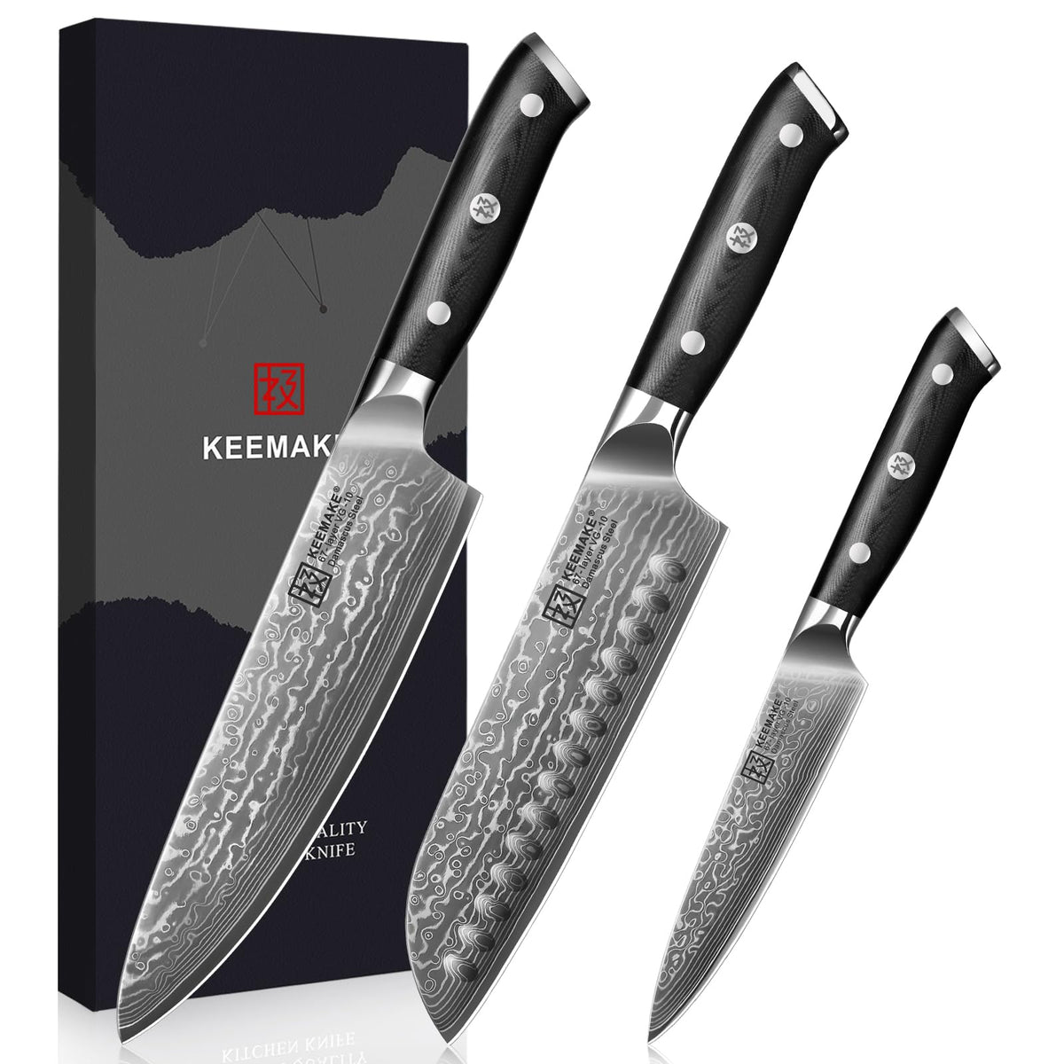 KEEMAKE Damascus 8-inch chef knife blade closeup for precise slicing.