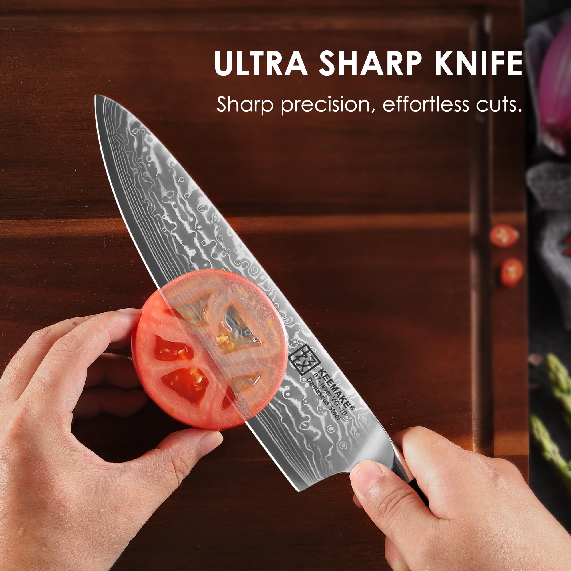KEEMAKE Damascus full-tang handle closeup, balanced control for confident cutting.