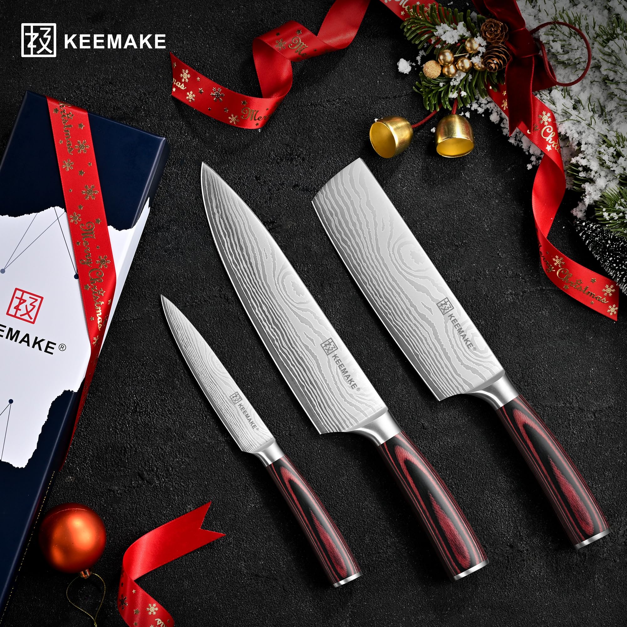 KEEMAKE kitchen scene with knives in use for chopping and prepping.