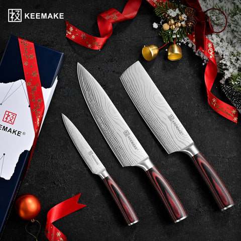 KEEMAKE kitchen scene with knives in use for chopping and prepping.