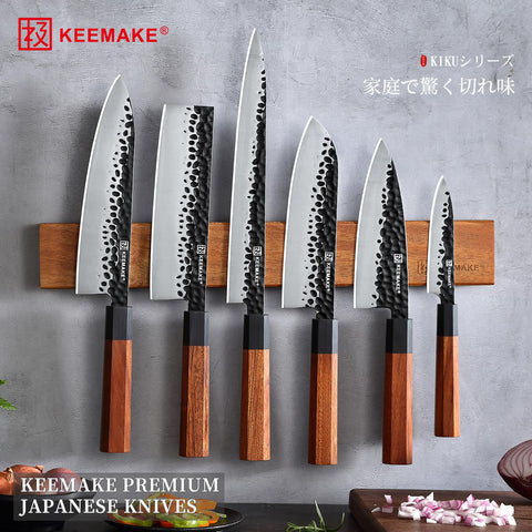 KEEMAKE Santoku knife in action for versatile meat, fish, and vegetable prep.