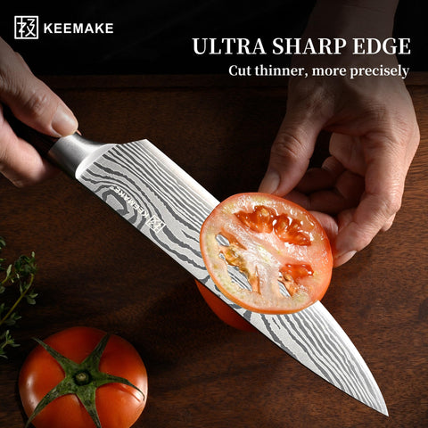 KEEMAKE wave-pattern blade close-up highlighting distinctive design and reduced sticking.