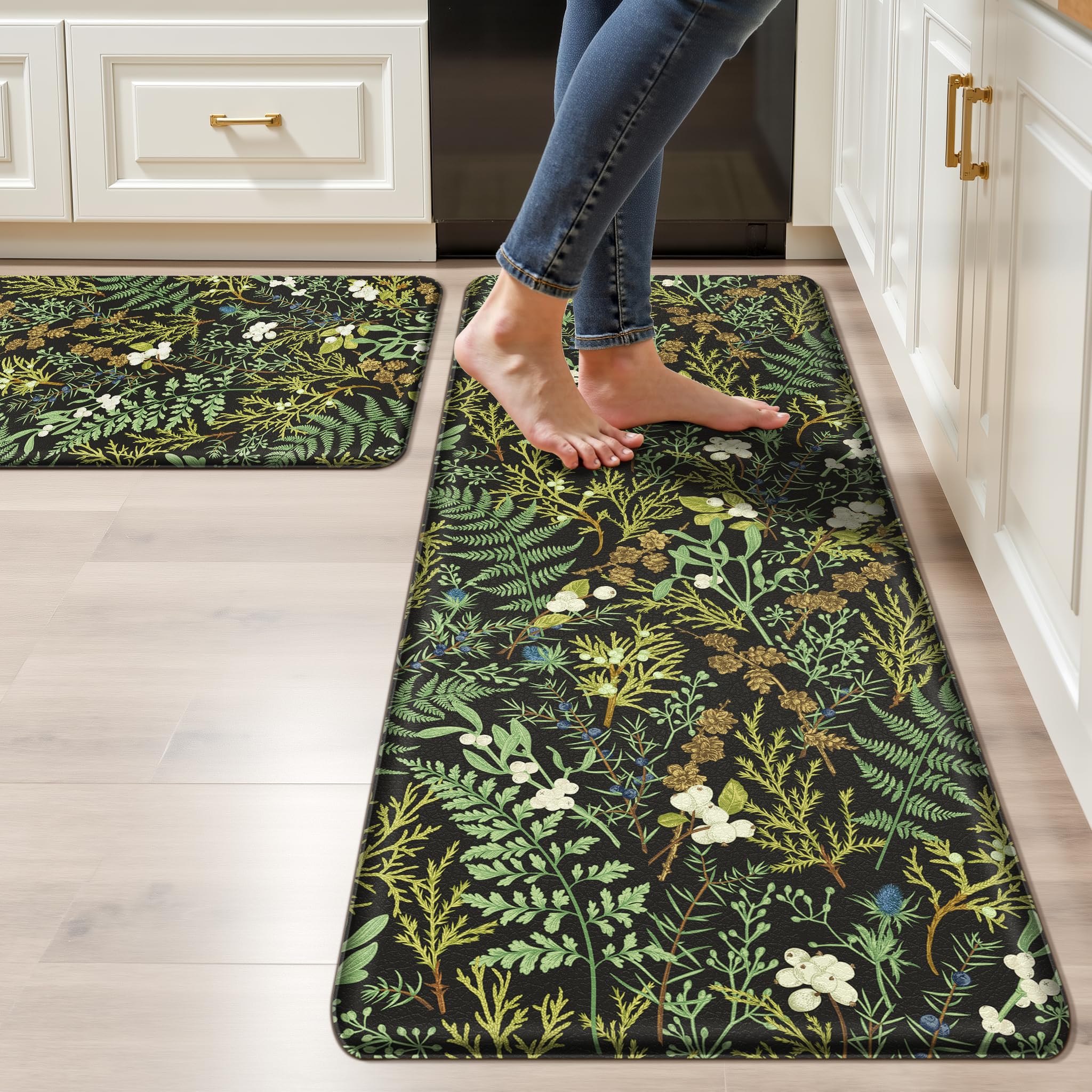 Keensoft two-piece black green botanical kitchen rug set, 17.3x28, soft underfoot comfort.