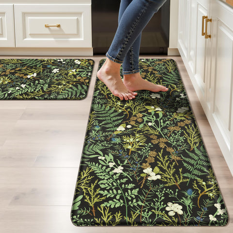 Keensoft two-piece black green botanical kitchen rug set, 17.3x28, soft underfoot comfort.