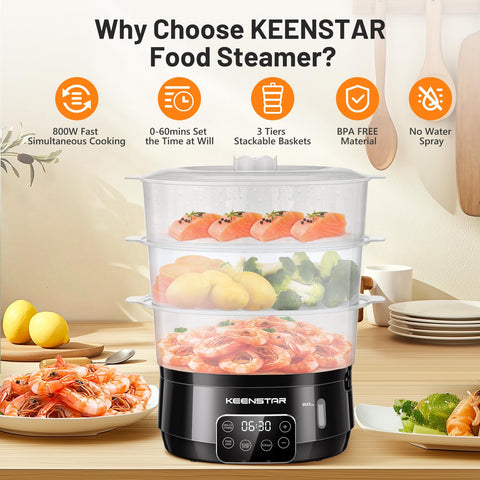 KEENSTAR 3-tier baskets arrangement for multi-layer steaming vegetables, seafood and rice
