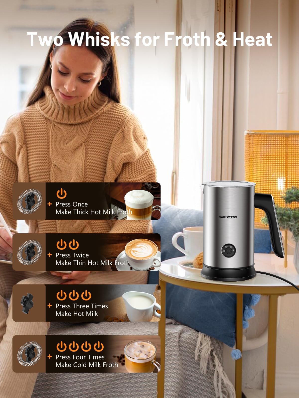 KEENSTAR milk frother control panel highlighting easy 4-in-1 settings for froth and heat