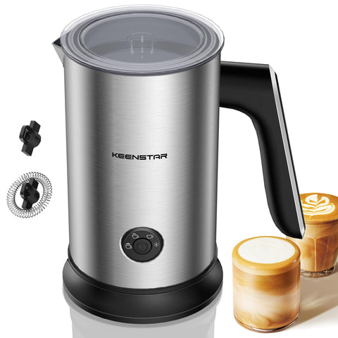 KEENSTAR Electric Milk Frother front view showing sleek stainless steel design for home cafe use