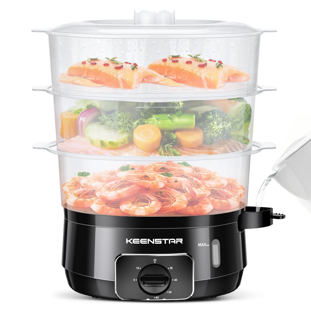 KEENSTAR electric steamer with three-tier trays for batch cooking vegetables and proteins.
