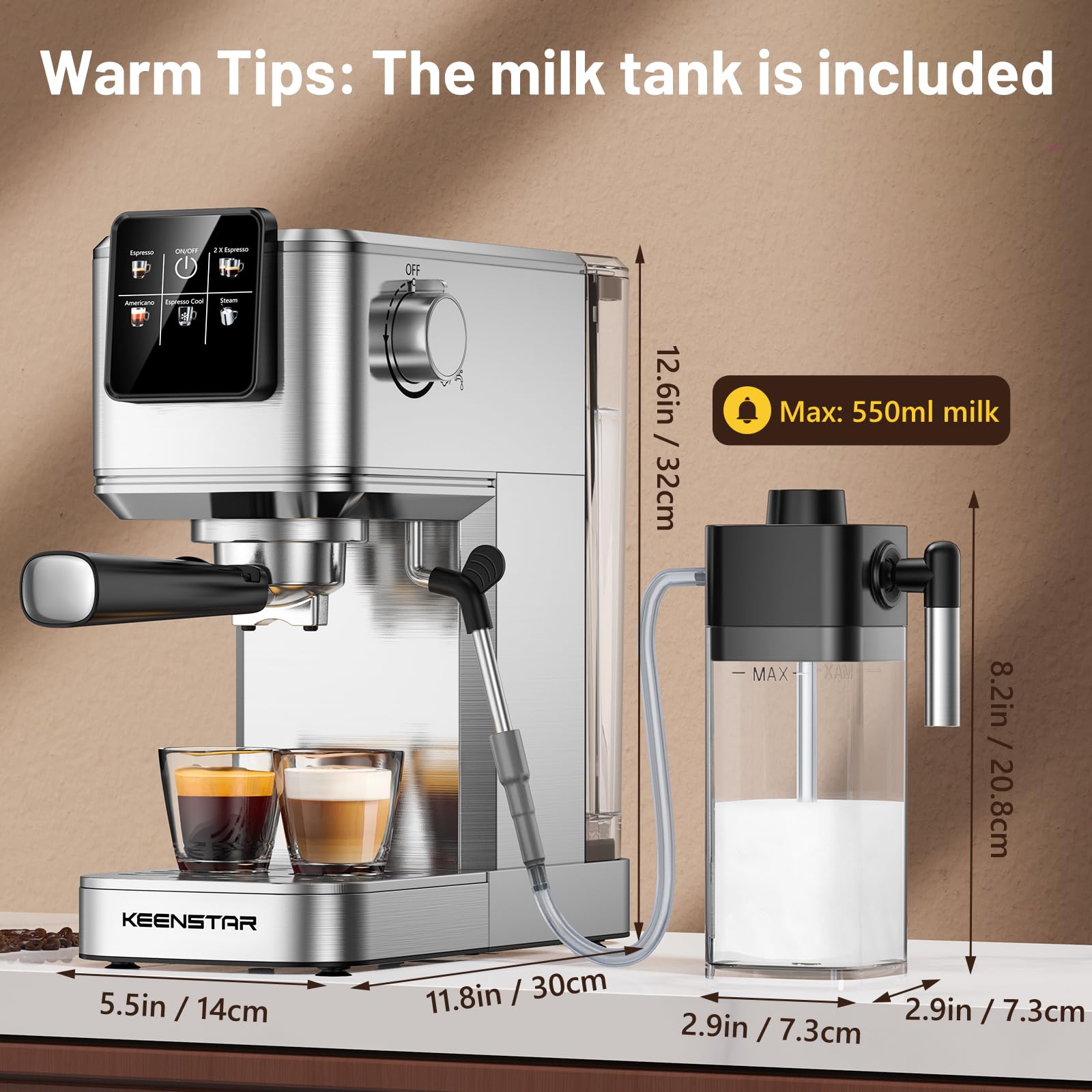 KEENSTAR 20-bar pump for rich, aromatic espresso extraction