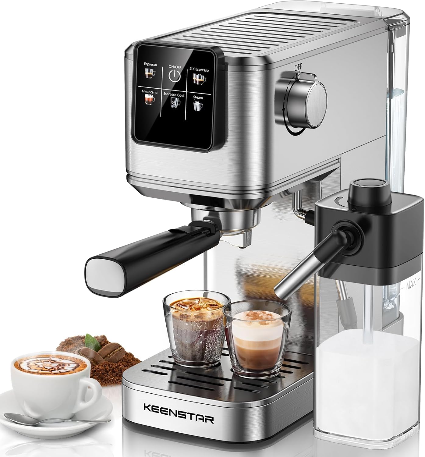 KEENSTAR espresso machine front view in compact stainless steel for small kitchens
