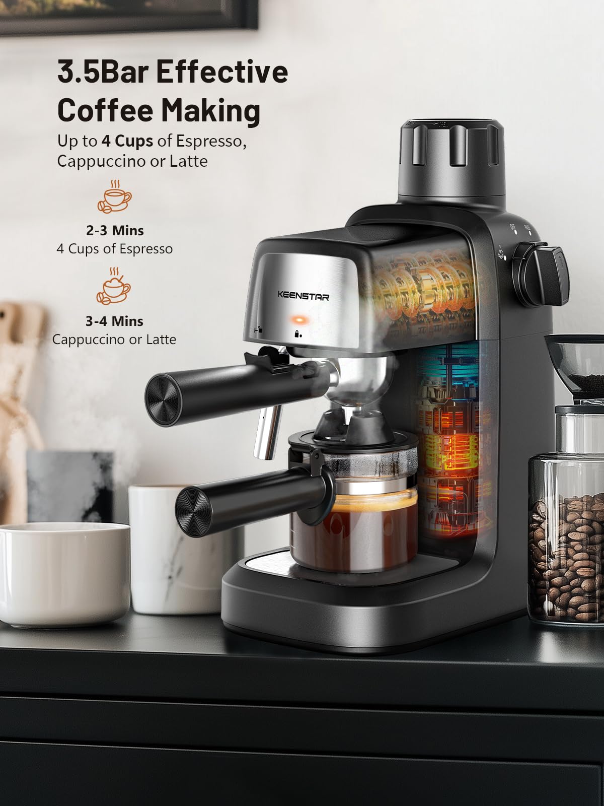 KEENSTAR espresso machine controls highlighting simple operation and quick brew capability.
