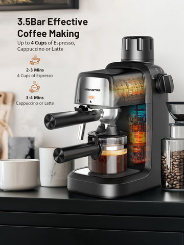 KEENSTAR espresso machine controls highlighting simple operation and quick brew capability.