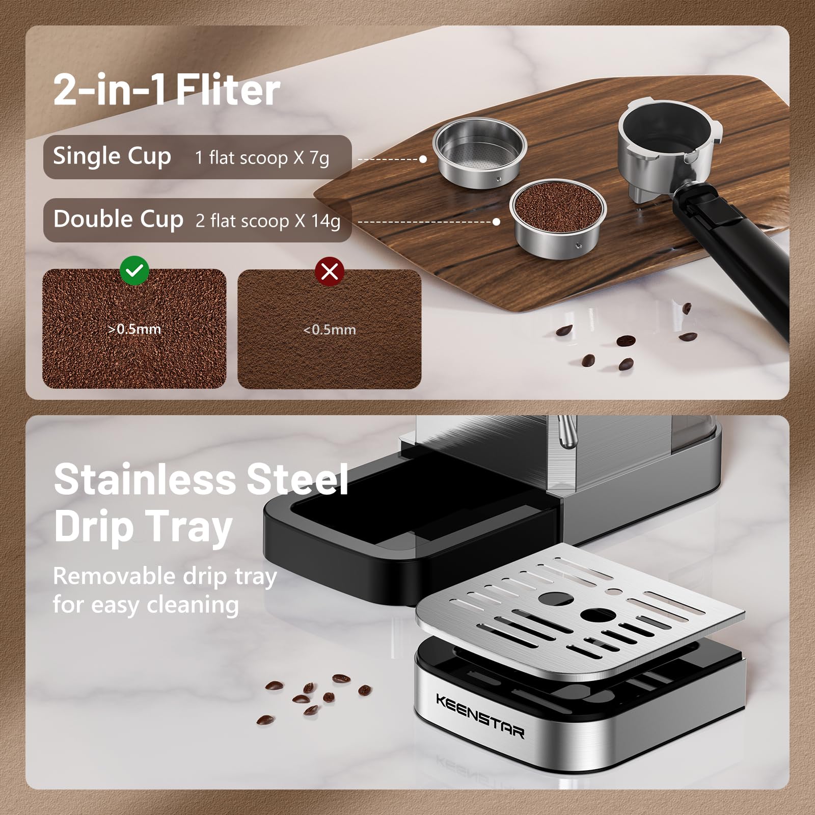 KEENSTAR removable drip tray simplifies post-brew cleaning